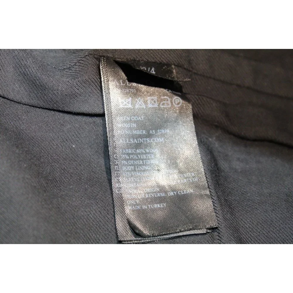 All Saints Aren Coat Size 4 Wool Hepburn Steampunk Modern Minimalist Herringbone - Picture 10 of 11